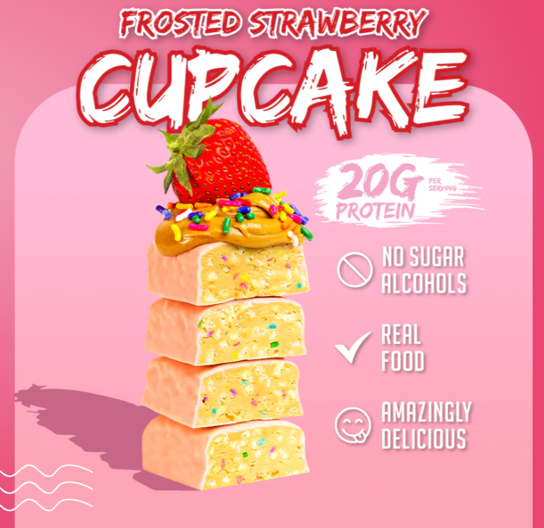 Frosted strawberry cupcake with 20g protein per serving, no sugar alcohols, made from real food and delicious.