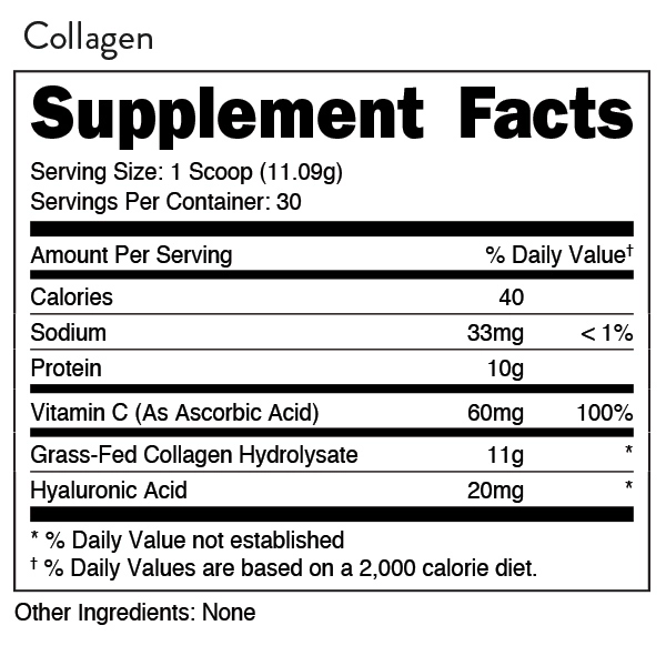 Collagen supplement facts displaying servings, % daily value of calories, sodium, protein, Vitamin C, collagen hydrolysate, and hyaluronic acid.