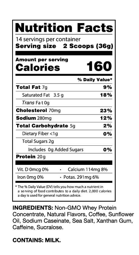 Nutrition facts for a protein supplement with 20g protein, 7g fat, 5g carbs per serving. Includes non-GMO whey protein, flavored with coffee.