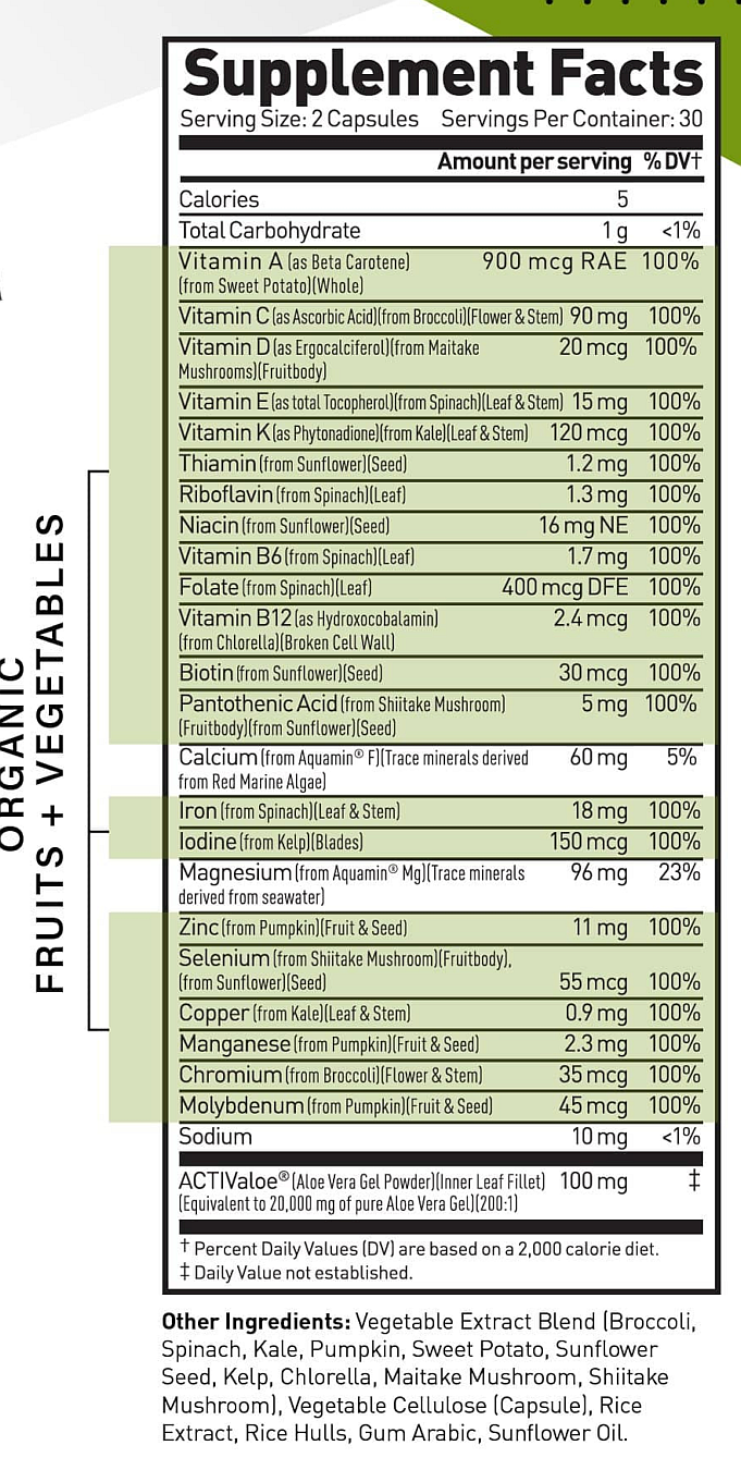 Supplement facts for Organ Fruits and Vegetables capsules including vitamins from natural sources such as broccoli, spinach, and sweet potato.