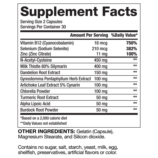 Supplement facts label showing ingredients and daily nutritional values for a 2-capsule serving size supplement. No artificial components.