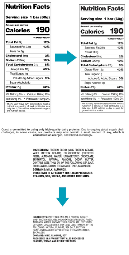 Nutrition facts for a 60g protein bar providing 190 calories, 9g fat, 21g protein, and 1g sugar, made from milk protein, almonds, and other ingredients.