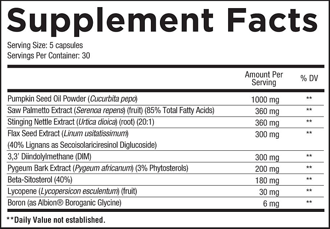 Supplement facts label showing ingredients like pumpkin seed oil, saw palmetto extract, and stinging nettle extract and their respective amounts.