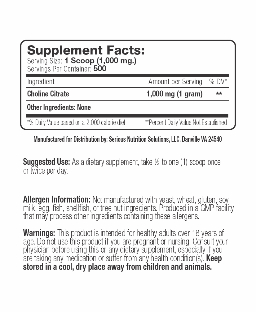 Choline Citrate Supplement facts and usage. Includes allergen information and warnings for use. Manufactured by Serious Nutrition Solutions.