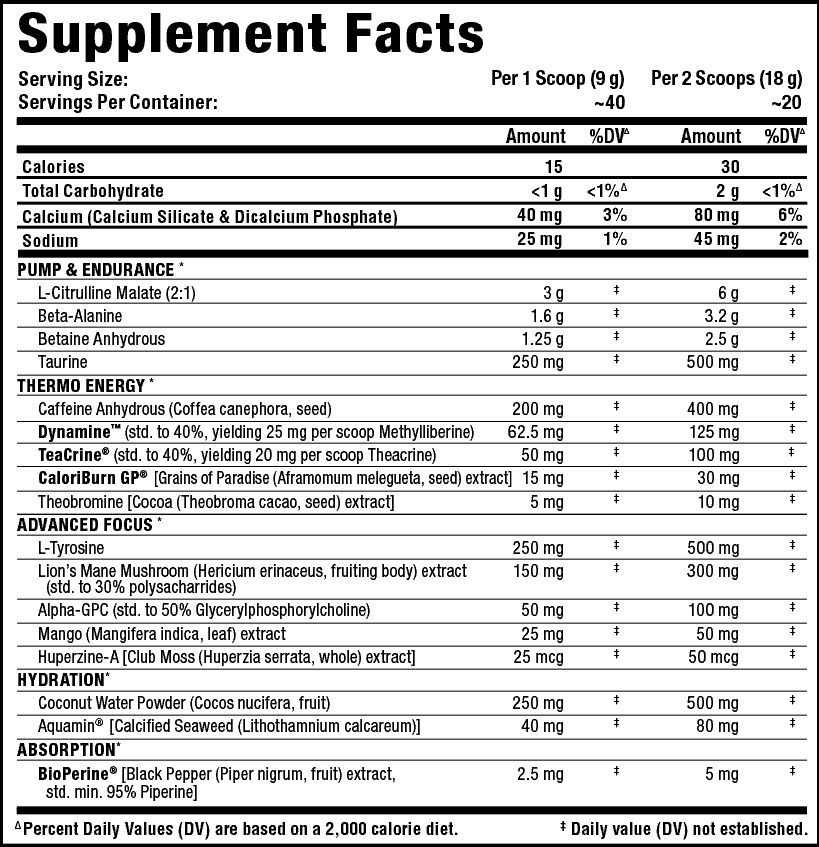 A supplement facts label detailing ingredients and their quantities for one and two scoops servings. It includes daily values based on a 2000 calorie diet.
