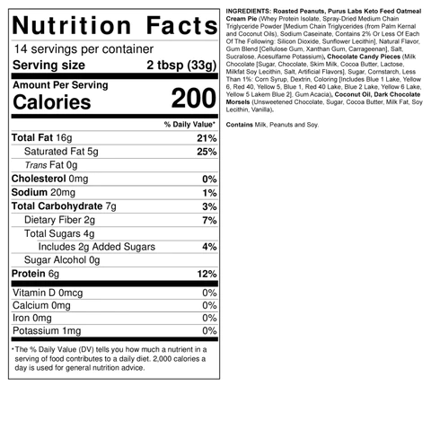 Nutrition facts for a food product with 14 servings per container. Ingredients include roasted peanuts, whey protein, chocolate, and various additives.