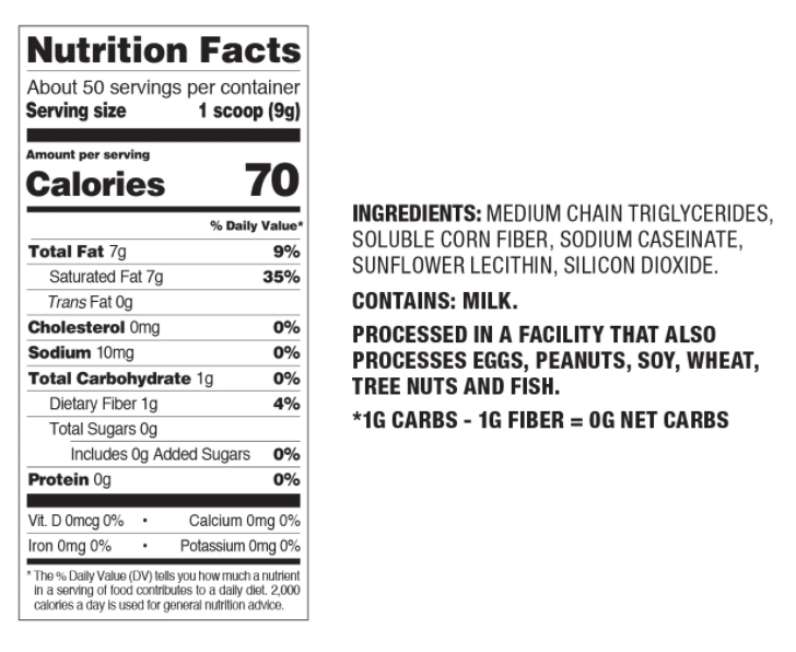 Nutrition label showing 50 servings per container. Each serving of 9g contains 7g fat, 1g carbs, 1g fiber, and is processed with milk, eggs, nuts, and fish.