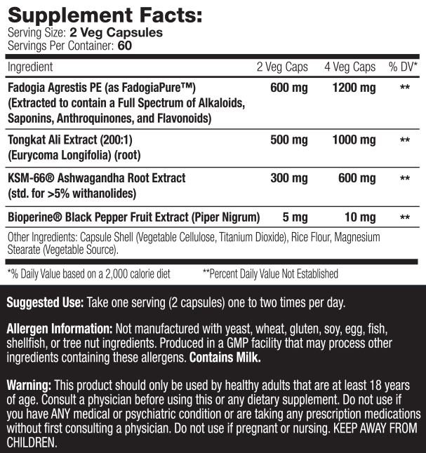 Supplement facts and recommended usage instructions for 2 and 4 veg capsules. Contains various nutrients and extracts, allergens, and warnings for use.