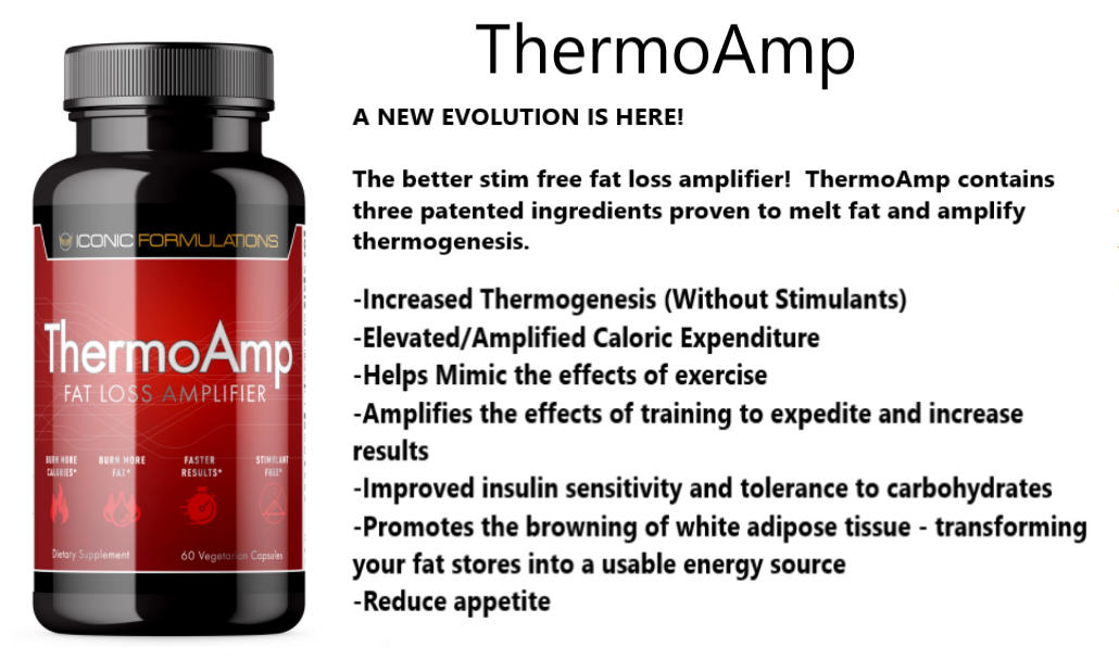 Iconic Formulations Thermo Amp dietary supplement for fat loss; Stimulant-free, contains patented ingredients targeting thermogenesis for faster results.
