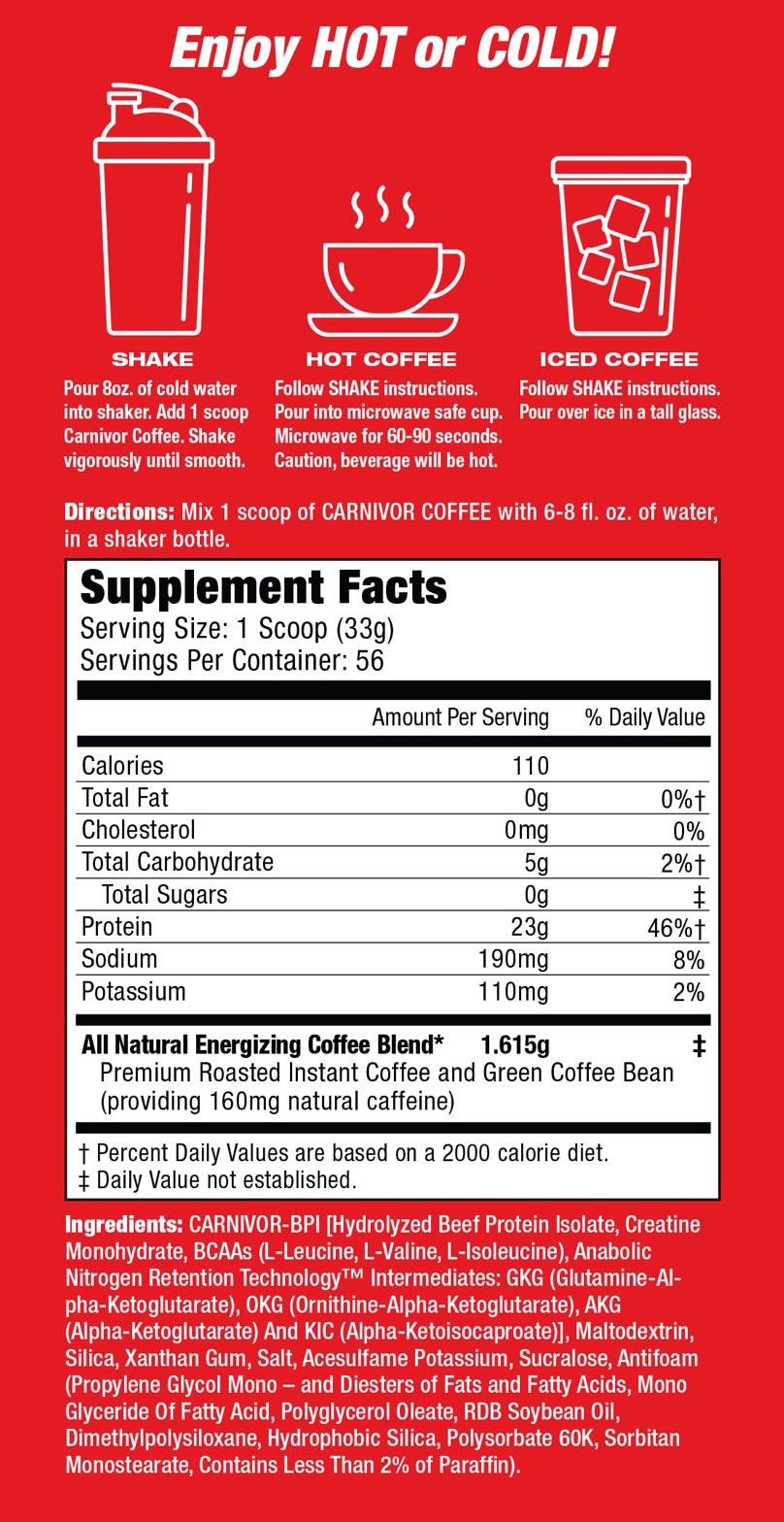Alt text: Instructions for making hot and iced versions of Carnivor Coffee, a protein supplement drink that can be mixed with water. Also includes nutritional information.