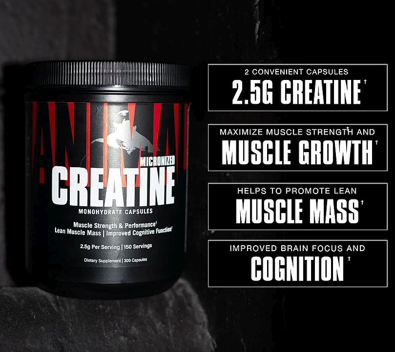 Creatine Monohydrate capsules supplement for muscle strength, performance, mass gain, improved cognitive function. Contains 2.5g creatine per serving.