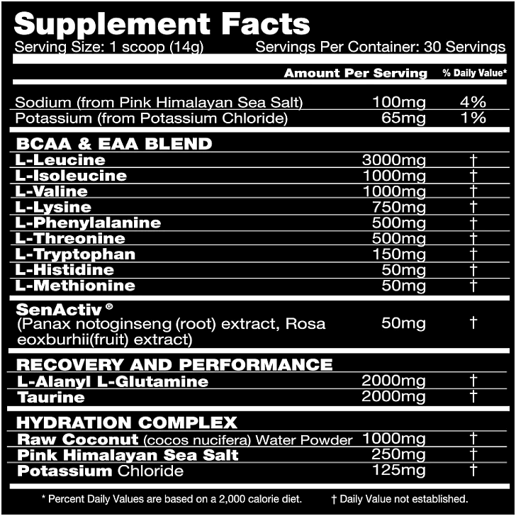 Supplement facts for a product containing ingredients such as Pink Himalayan Salt, BCAA & EAA blend, SenActiv, and a hydration complex.
