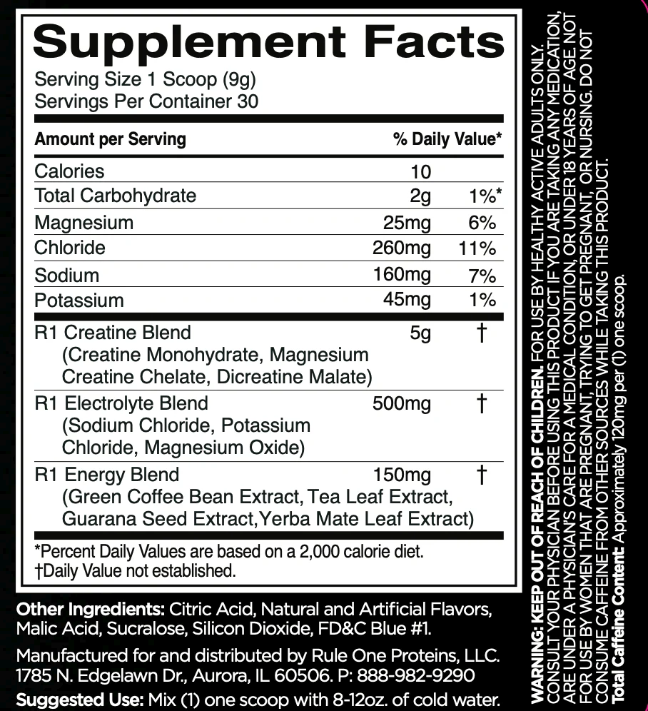 Nutritional supplement facts label showing proportions of minerals, creatine, electrolyte blend, energy blend, and other ingredients. Contains caffeine.