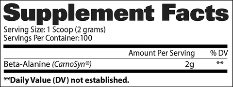 Supplement facts for Beta-Alanine with serving size of 1 scoop (2g) and 100 servings per container.