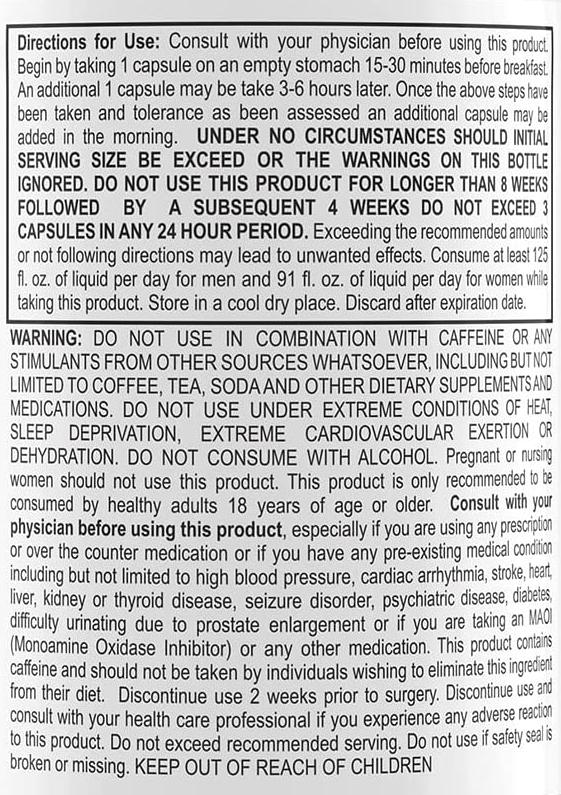 Instructions for dietary supplement, warning about exceeding recommended dosage, contraindications, potential adverse effects and storage instructions.