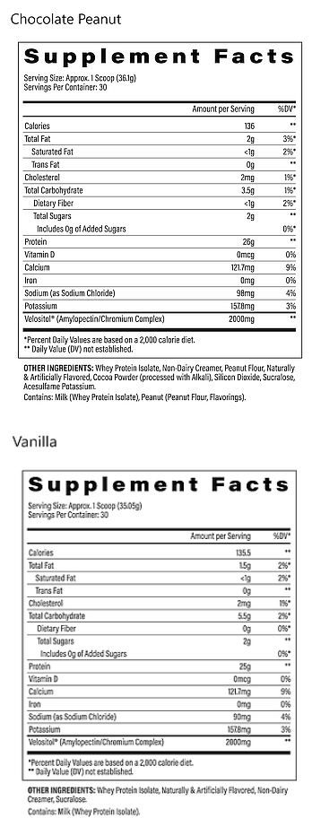 Supplement facts for Chocolate Peanut and Vanilla powders, listing caloric content, fat, sugars, vitamins and minerals, and additional ingredients.