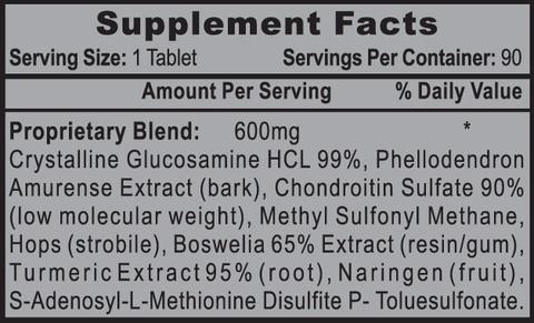 Supplement facts label showing serving size, ingredients, and dosage for a 90 tablet blend including Glucosamine, Chondroitin, and Turmeric.