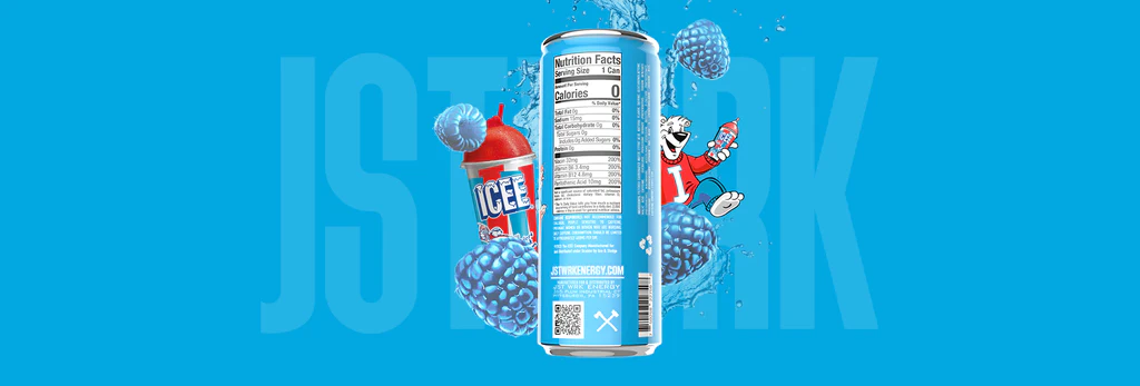 JS ICEE nutrition facts label displaying calories per serving for 1 can on STWRKENERGY.COM.