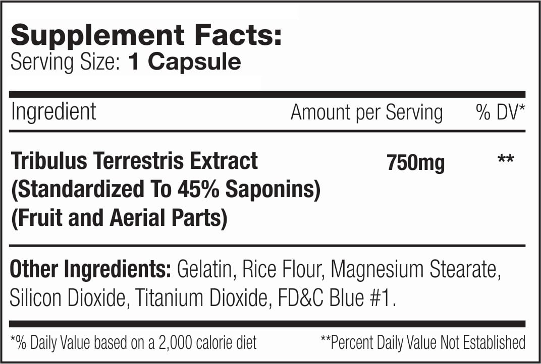 Supplement facts for a 750mg Tribulus Terrestris extract capsule with 45% Saponins, and the additional ingredients listed.