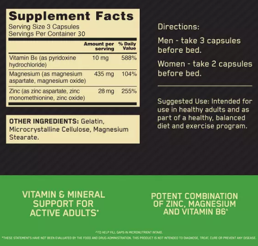 Supplement with Vitamin B6, Magnesium, and Zinc. Suitable for active adults as part of a healthy lifestyle. Not FDA evaluated.