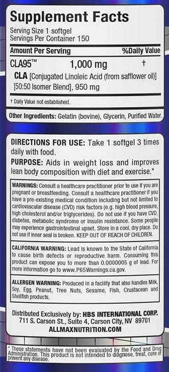 A softgel supplement facts label for a product that aids in weight loss and improves lean body composition. Contains 1000mg CLA.