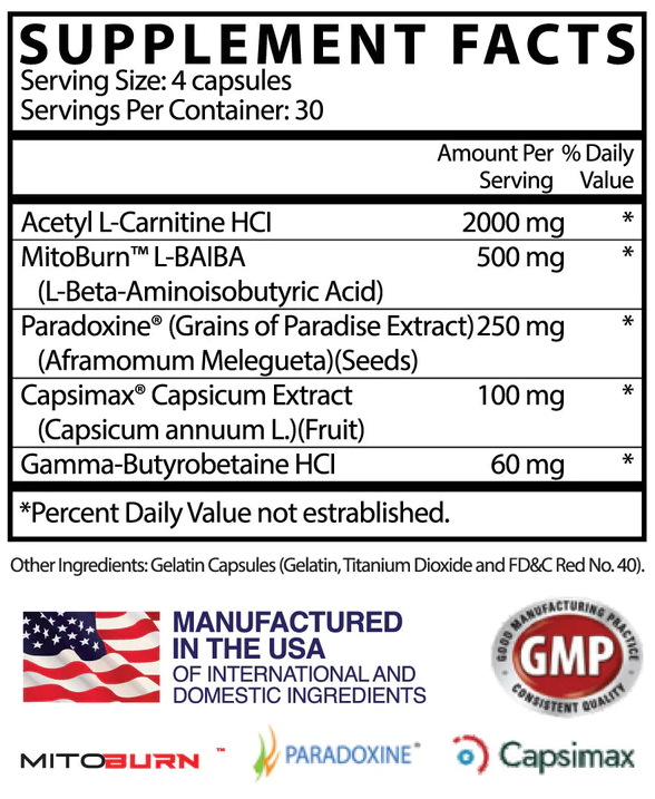 Supplement facts label showing serving size, ingredients, and daily values for Acetyl L-Carnitine, MitoBurn, Paradoxine, and Capsimax capsules.