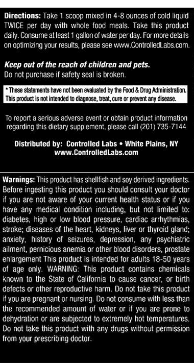 Directions for using a dietary supplement twice a day, with warnings about possible allergens, harmful chemicals, and certain health conditions.