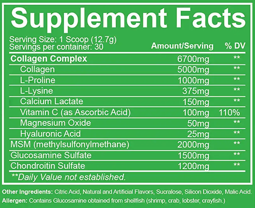 Supplement nutrition label showing ingredients like collagen, L-Proline, L-Lysine, calcium lactate, vitamins, and allergen information.