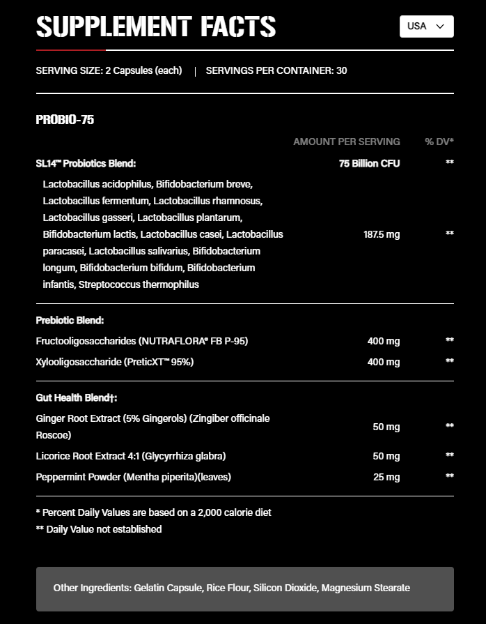 Supplement facts for a probiotic blend with 75 billion CFU, prebiotic blend, and gut health blend in a 2 capsule serving size.