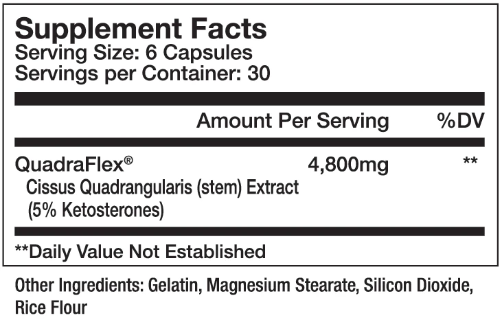 Supplement facts for QuadraFlex Cissus Quadrangularis with 4,800mg per serving and 30 servings per container.