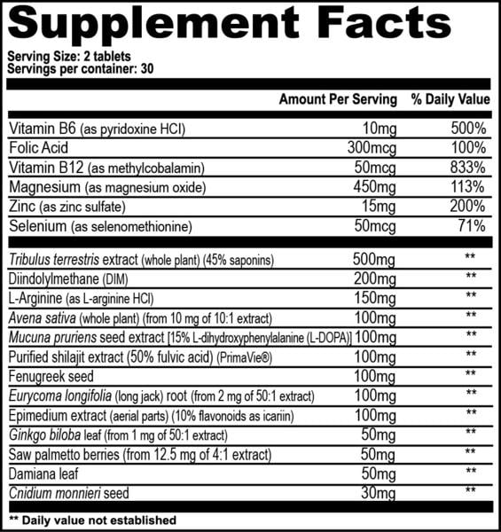 Supplement facts for a serving size of 2 tablets showing various ingredients including Vitamin B6, folic acid, B12, magnesium, and zinc with respective quantities and daily values.