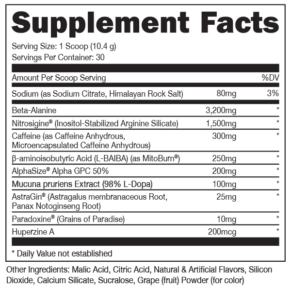 Supplement serving guide detailing various ingredients and quantities including sodium, beta-alanine, caffeine, and various root extract components.