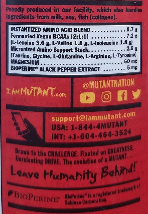 Facility-made vegan amino acid blend with L-Leucine, L-Valine, L-Isoleucine, Taurine, Glycine, and Bioperine Black Pepper Extract from MUTANTNATION.