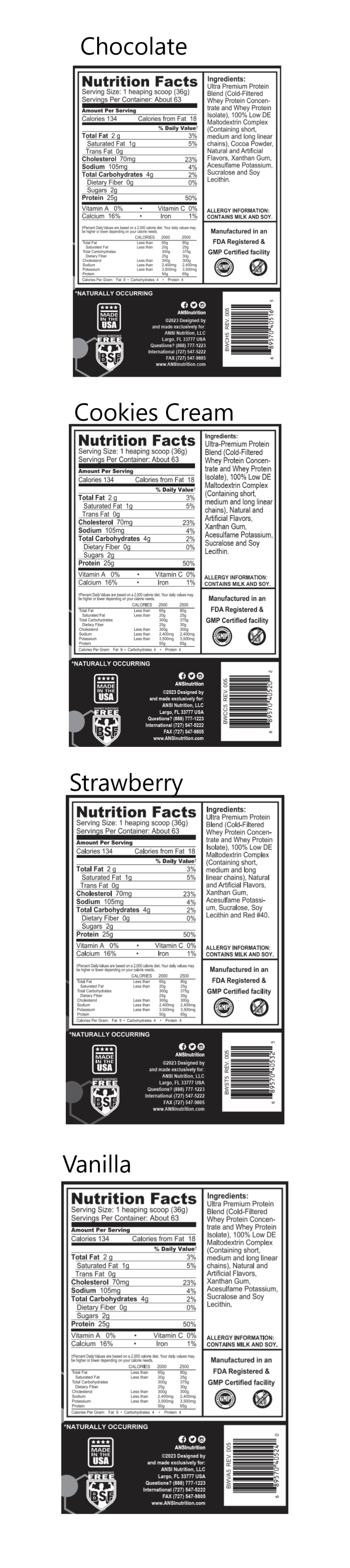 Nutrition facts for chocolate-flavored protein powder with 134 calories, 2g fat, 1g saturated fat, 70mg cholesterol, 105mg sodium, 4g carbs, 2g sugar, and 25g protein per serving.