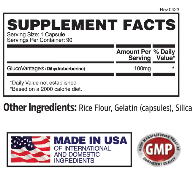 Supplement facts label for a bottle with 90 capsules of GlucoVantage (100mg per serving), made with rice flour and gelatin.
