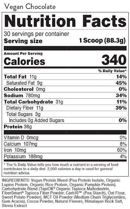 Vegan Chocolate Nutrition Facts label detailing calories, fats, carbs, sugars, protein and vitamins in it. Also lists complex vegan protein and carb blends.