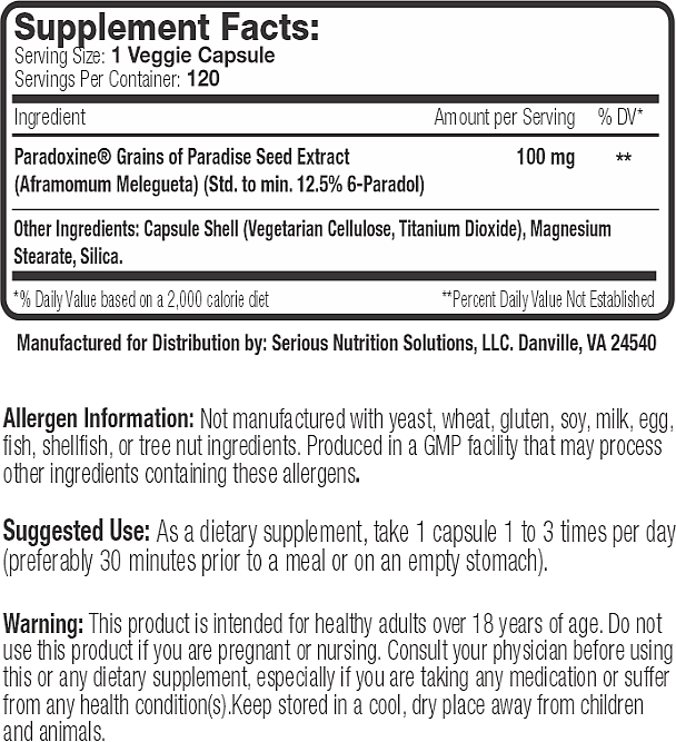 Supplement facts for Serious Nutrition Solutions' Paradoxine veggie capsules. Contains aframomum melegueta seed extract, 120 servings per container.