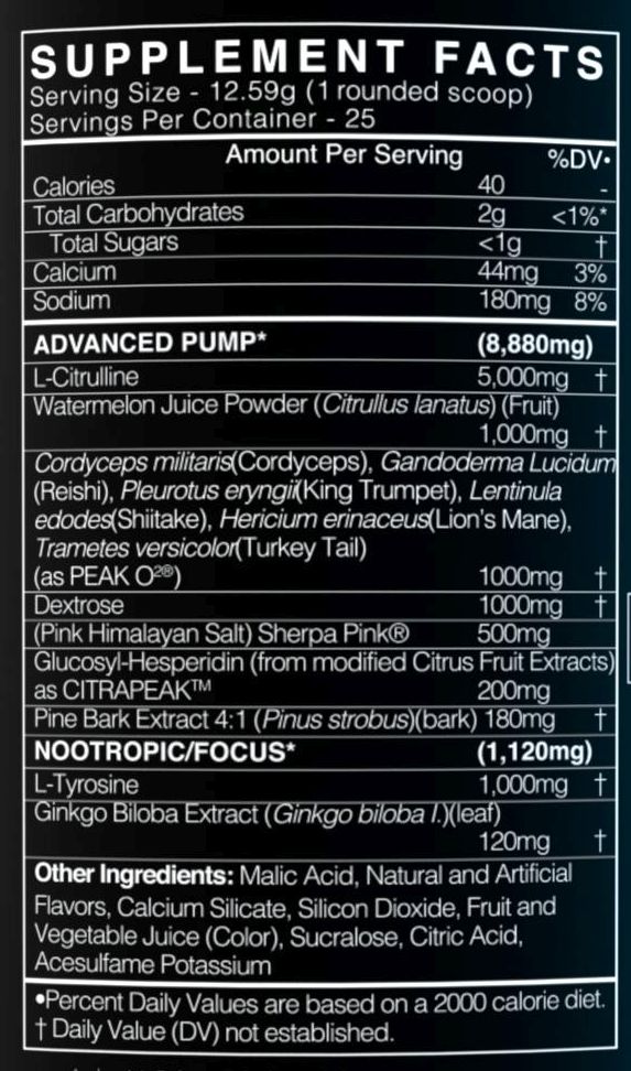 Supplement facts displaying serving size, calories, ingredients, and daily value percentages for carbohydrates, sugars, sodium, and various nutrients.