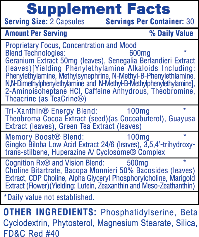 Supplement serving facts listed for mood, focus, energy and cognition blends, containing various extracts & compounds.