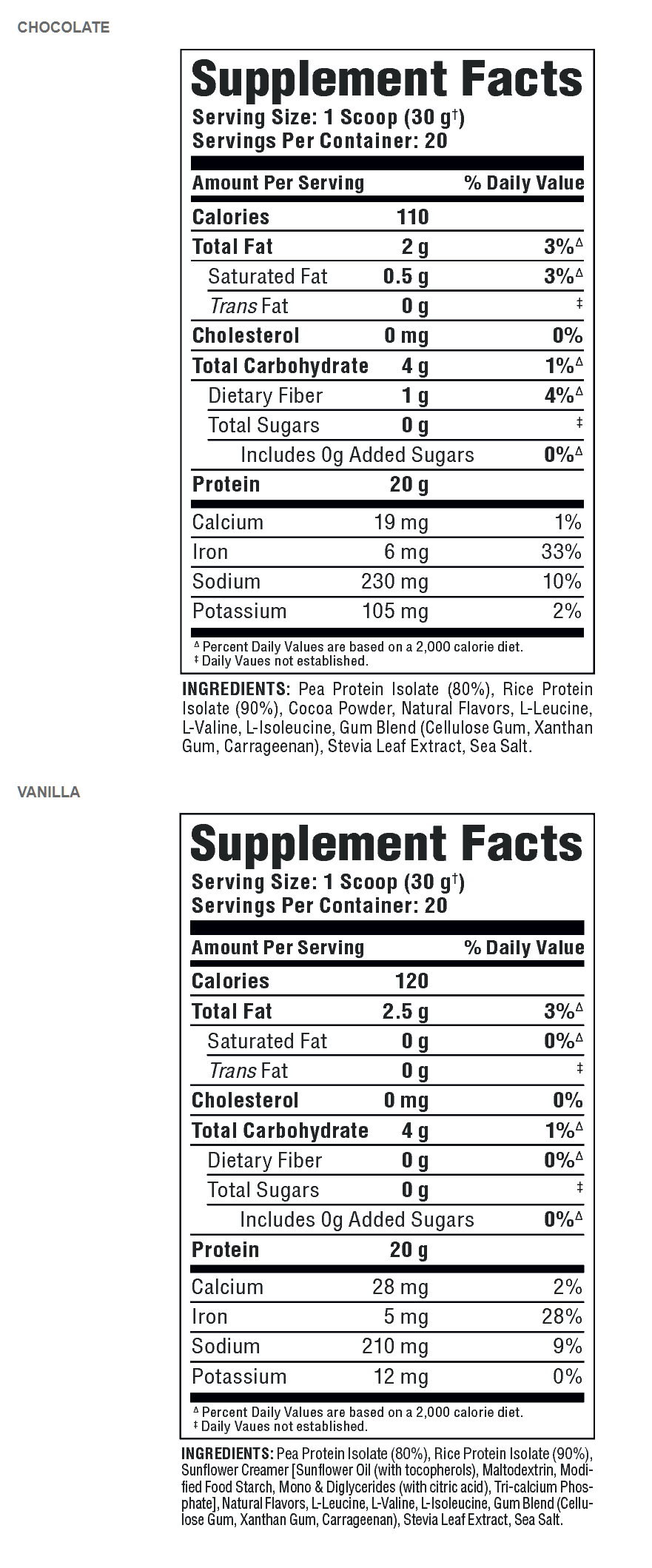 Chocolate Vanilla supplement with pea and rice protein isolate, cocoa powder, natural flavors, vitamins, and stevia leaf extract.