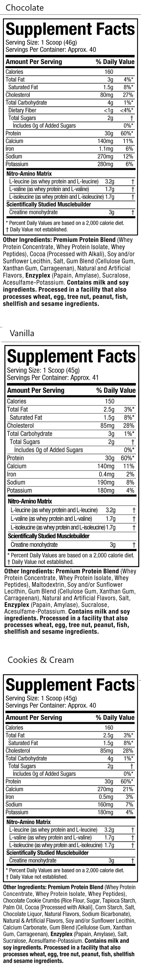Nutrition facts for chocolate supplement with serving size of 1 scoop, containing whey protein, L-leucine, L-valine, L-isoleucine, and creatine monohydrate.