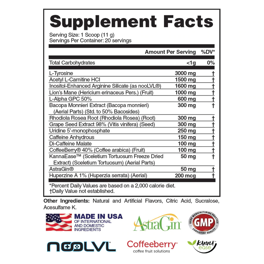 Supplement fact label for a 20-serving container with a scoop size of 11g. Ingredients include L-Tyrosine, Acetyl L-Carnitine, Lion's Mane and more.