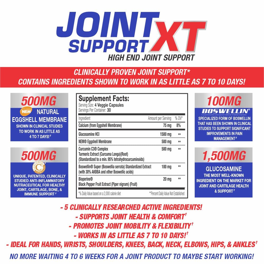 High-end joint support capsule, Joint Support XT, clinically-proven to work in 7-10 days with ingredients for joint, cartilage, bone, and immune support.