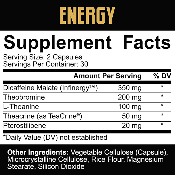 Energy supplement nutrition label displaying serving size, ingredients, and daily value percentages.