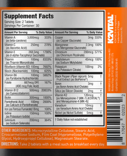Nutritional breakdown of a supplement with vitamins A, C, E, B2, Niacin, B6 among others and minerals such as iron, iodine, selenium, copper, manganese. Serving size is 2 tablets.