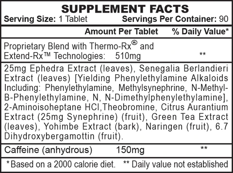 Supplement facts show serving size of 1 tablet, 90 servings per container, and ingredients list including Ephedra and Green Tea Extract.