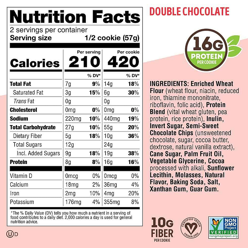 Double chocolate vegan cookie nutrition facts label and ingredient list. Each cookie offers 16g protein, 10g fiber, and is non-GMO verified.