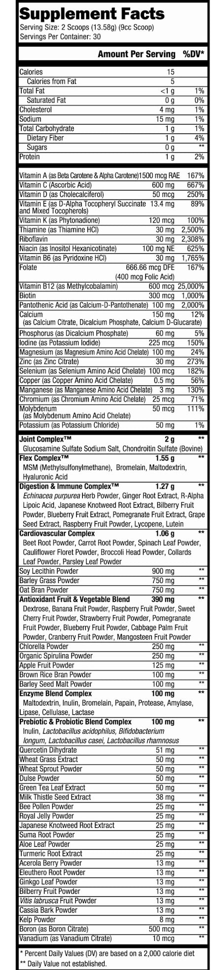 Nutritional chart showing servings, calories, and detailed breakdown of vitamins, minerals, and various complex blends in a dietary supplement.