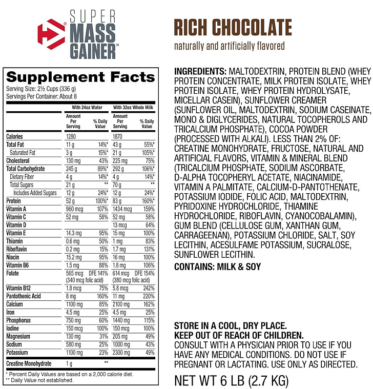 Nutritional facts for a 2 1/2 cup serving of Super Mass Gainer supplement. Ingredients include maltodextrin, protein blend, sunflower creamer, vitamins, and minerals.