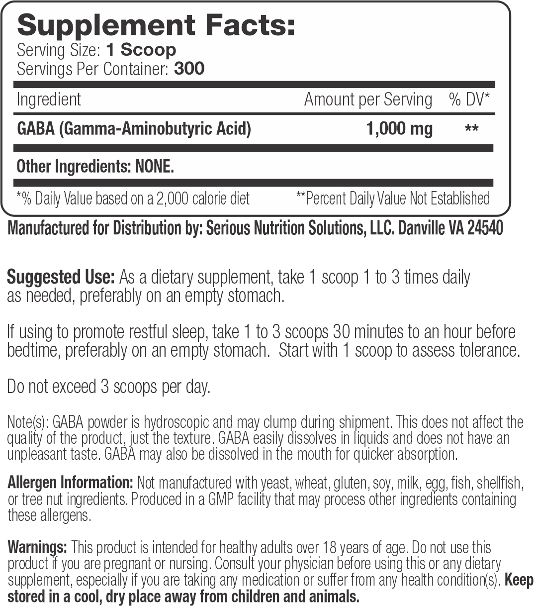 Supplement facts for GABA (Gamma-Aminobutyric Acid) powder by Serious Nutrition Solutions, detailing its dosage, potential uses, and allergy information.